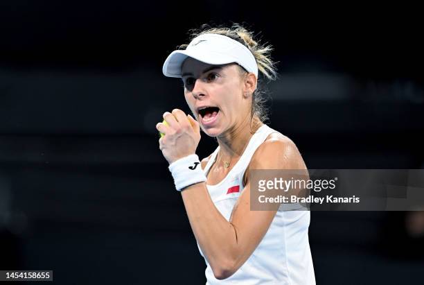 Magda Linette of Poland celebrates after winning a point in her match against Lucia Bronzetti of Italy during day seven of the 2023 United Cup at Pat...