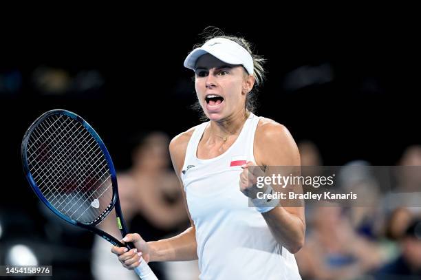 Magda Linette of Poland celebrates victory after her match against Lucia Bronzetti of Italy during day seven of the 2023 United Cup at Pat Rafter...