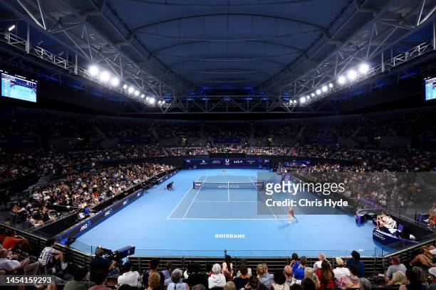 General view during Magda Linette of Poland against Lucia Bronzetti of Italy during day seven of the 2023 United Cup at Pat Rafter Arena on January...