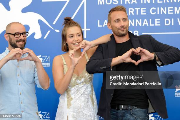French actress Adele Exarchopoulos, Belgian actor Matthias Schoenaerts and Belgian movie director Michael Roskam during the photocall of Le Fidèle...