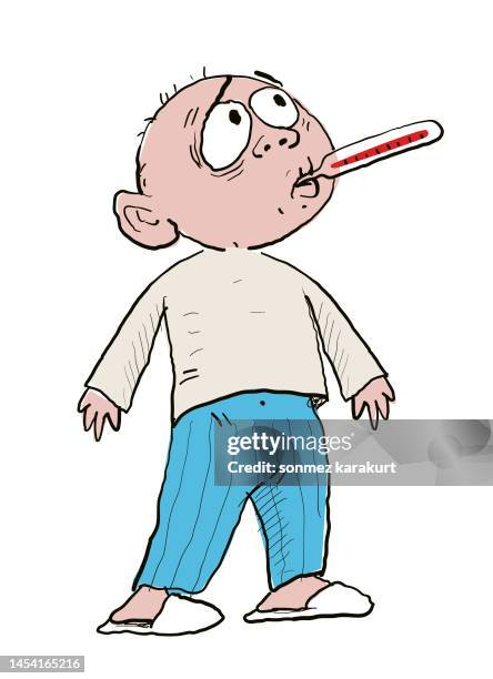 sick boy measuring his temperature with a thermometer in his mouth - throat pain stock illustrations