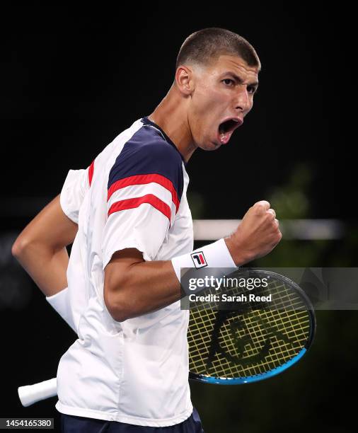 Alexei Popyrin of Australia celebrates a point as he competes against Marcos Giron of the USA during day four of the 2023 Adelaide International at...