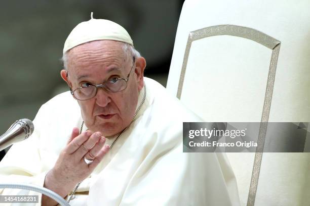 Pope Francis attends his weekly general audience ad the Paul VI Hall on January 04, 2023 in Vatican City, Vatican. During the weekly audience at the...