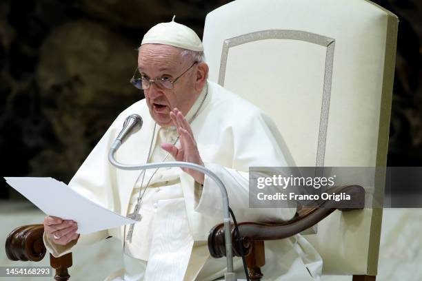 Pope Francis holds his speech during the weekly general audience ad the Paul VI Hall on January 04, 2023 in Vatican City, Vatican. During the weekly...