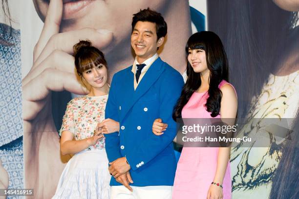 South Korean actors Lee Min-Jung,Gong Yoo and Suzy of Miss A attend a press conference to promote KBS drama 'Big' at Lotte Hotel on May 29, 2012 in...