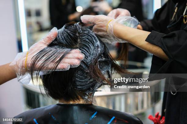 woman having her hair done - dry hair photos et images de collection
