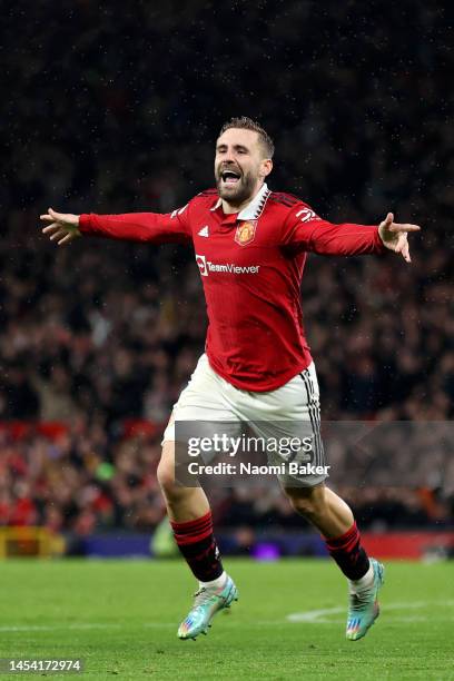 Luke Shaw of Manchester United celebrates after scoring the team's second goal during the Premier League match between Manchester United and AFC...