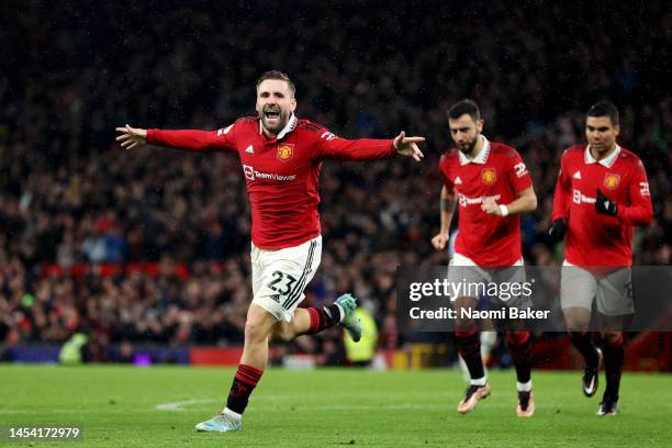 Luke Shaw of Manchester United celebrates after scoring the team's second goal during the Premier League match between Manchester United and AFC...