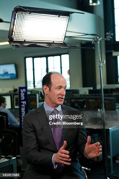 Enrique Salem, chief executive officer of Symantec Corp., speaks during a Bloomberg West television interview in San Francisco, California, U.S., on...