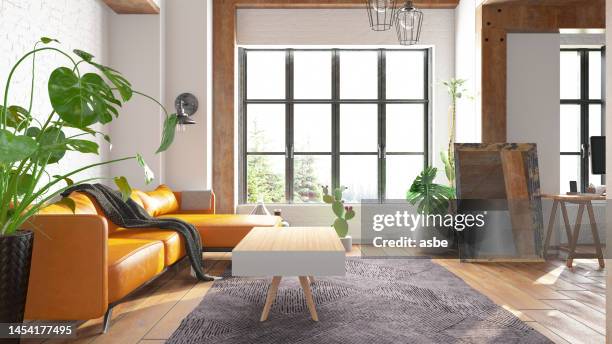 bright cozy living room with plants and retro furniture - yellow carpet stock pictures, royalty-free photos & images