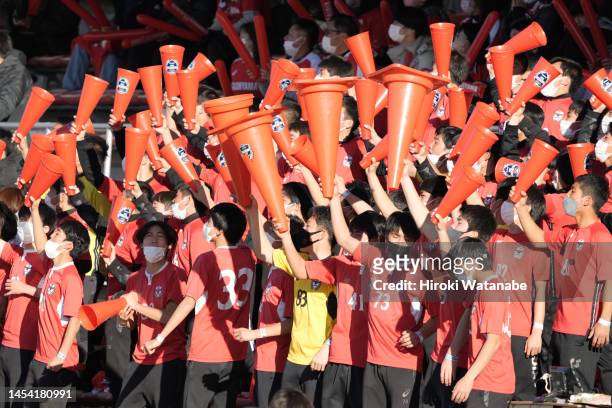 Fans of Higashiyama cheer during the 101st All Japan High School Soccer Tournament quarter final between Higashiyama and Nippon Sport Science...