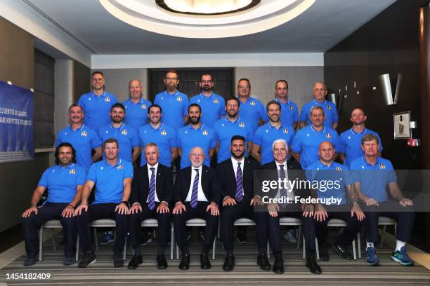 Italy staff team photo at the end of Italy's Captain's Run on November 18, 2022 in Genoa, Italy.