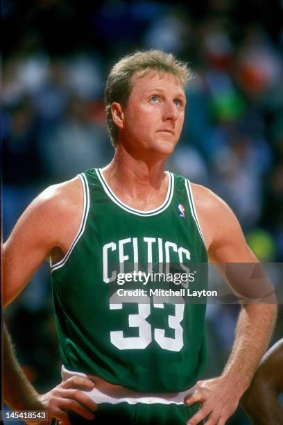 Larry Bird of the Boston Celtics looks on during a basketball game against the Washington Bullets at the Capitol Centre on November 2, 1991 in...