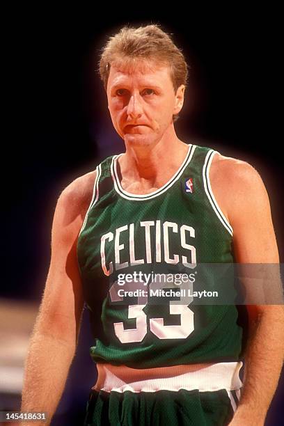 Larry Bird of the Boston Celtics looks on during a basketball game against the Washington Bullets at Bullets won 126 -118.