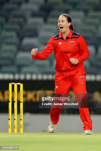 Amanda-Jade Wellington of the Scorpions celebrates her second wicket of the Super Over during the WNCL match between Western Australia and South...