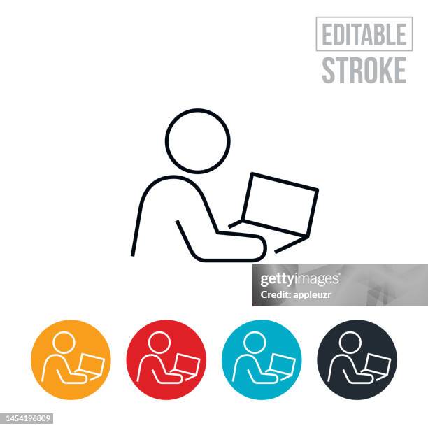 person working on laptop computer thin line icon - editable stroke - thin line illustration stock illustrations