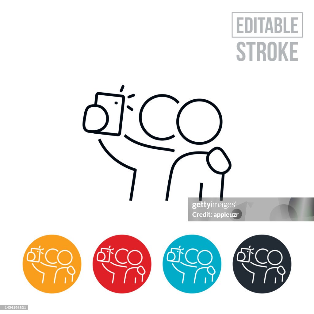 Person With Arm Around Shoulder Of Another Person Taking A selfie Together Thin Line Icon - Editable Stroke