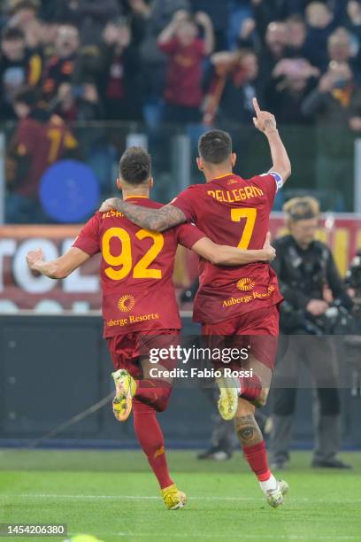 Lorenzo Pellegrini of AS Roma celebrates after scoring the first goal for his team during the Serie A match between AS Roma and Bologna FC at Stadio...