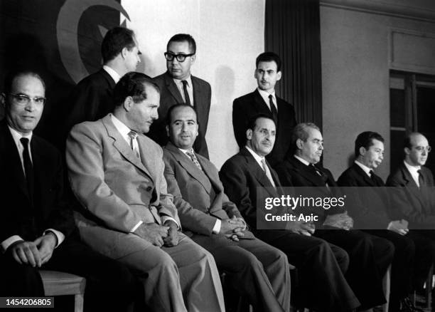 In Majestic hotel in Tunis on september 30, 1959 : reading a the declaration of the GPRA to asswer proposals of general DeGaulle : standing : Omar...