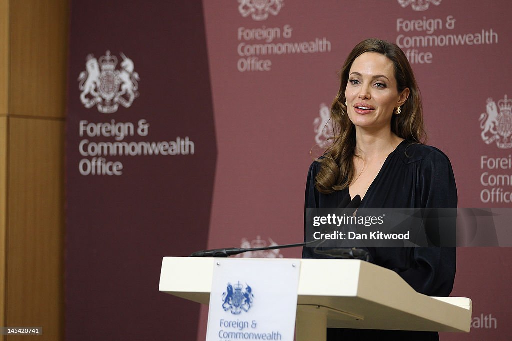Hollywood Actress Angelina Jolie Attends A Foreign Office Briefing On Preventing Sexual Violence In Conflict