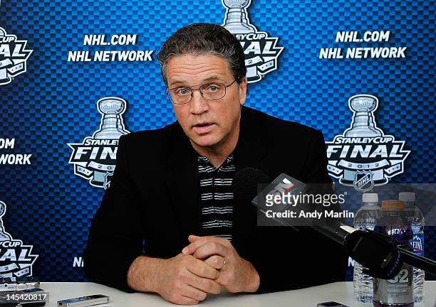 President/General Manager Dean Lombardi of the Los Angeles Kings addresses the media during the 2012 Stanley Cup Final Media Day at Prudential Center...