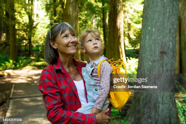 a grandmother holding her granddaughter while hiking in the rain forest. - two generation family photos et images de collection