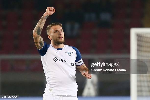 Ciro Immobile of SS Lazio celebrates after scoring a goal during the Serie A match between US Lecce and SS Lazio at Stadio Via del Mare on January...