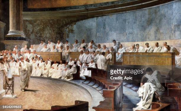 Catiline Orations 63 BC : at roman senate, Cicero denounces plot organized by Catiline to take the power, mural painting by Cesare Maccari, 1882-1888.