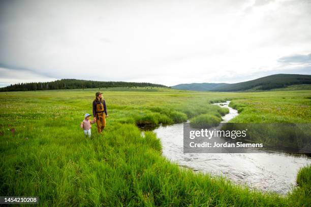 a mother and daughter walking along a creek while fishing in the mountains. - dillon montana stock pictures, royalty-free photos & images