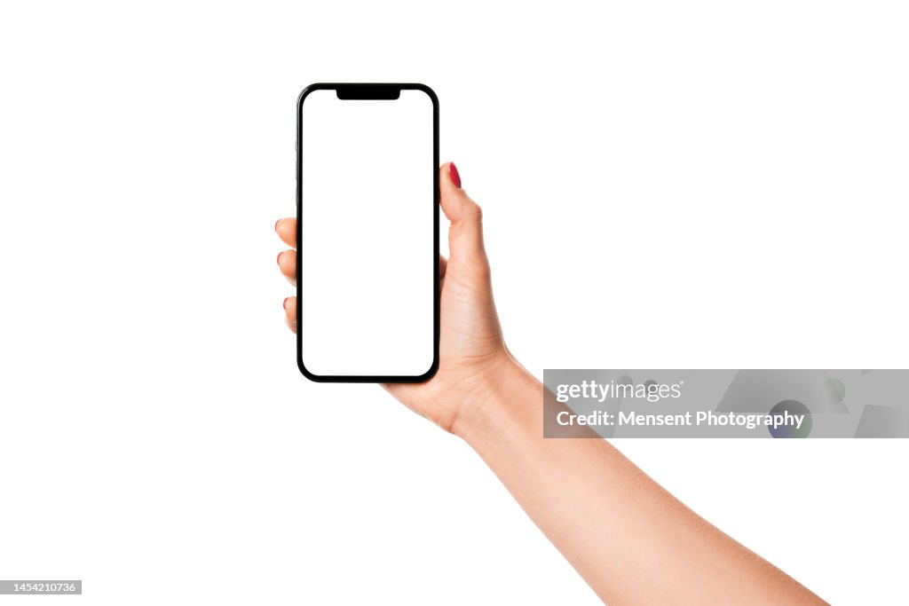 Woman hand holding modern smartphone iphone mockup with white screen on white background