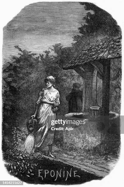 Eponine at well, illustration of novel "Les Miserables" de Victor Hugo engraving after Brion.