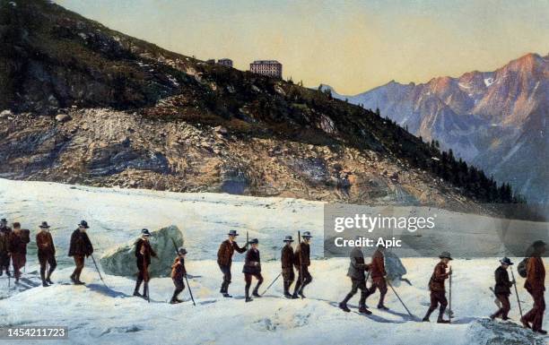 Crossing of the glacier the Mer de Glace , Chamonix, France, postcard, circa 1900.