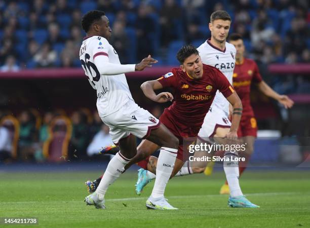 Paulo Dybala of AS Roma suffered a penalty foul by Jhon Lucumi of Bologna FC during the Serie A match between AS Roma and Bologna FC at Stadio...