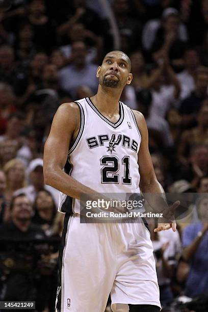 Tim Duncan of the San Antonio Spurs reacts late in the fourth quarter while taking on the Oklahoma City Thunder in Game One of the Western Conference...