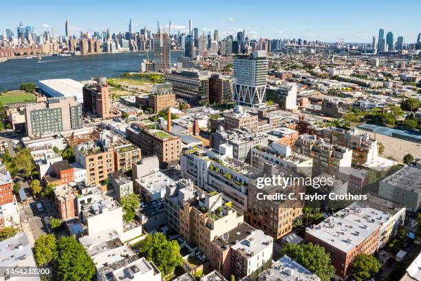 An aerial view of the Greenpoint - Williamsburg Waterfront on August 13, 2022 in New York City.