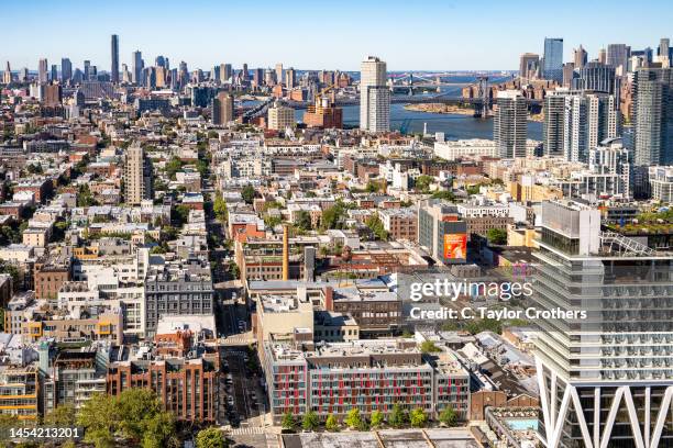 An aerial view of the Greenpoint - Williamsburg Waterfront on August 13, 2022 in New York City.