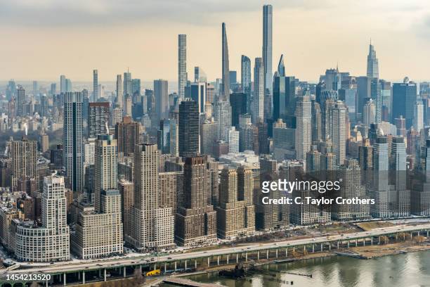An aerial view of Riverside Drive and Park looking toward Billionaires row on January 24, 2022 in New York City.