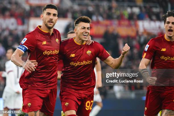 Roma players Lorenzo Pellegrini and Stephan El Shaarawy celebrate during the Serie A match between AS Roma and Bologna FC at Stadio Olimpico on...