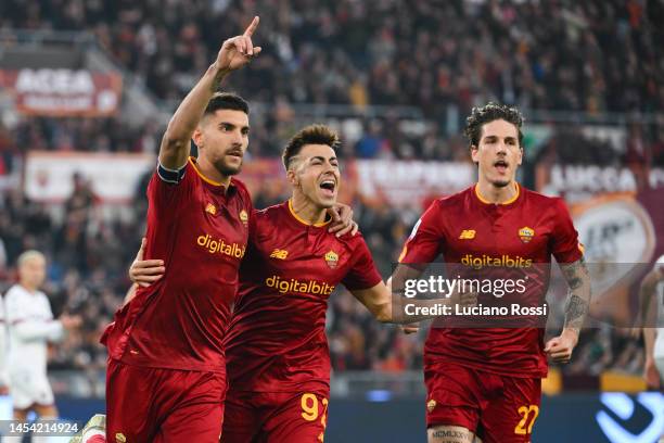 Roma players Lorenzo Pellegrini, Stephan El Shaarawy and Nicolò Zaniolo celebrate during the Serie A match between AS Roma and Bologna FC at Stadio...