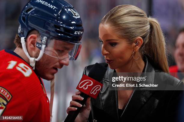 Bally Sports Florida Reporter Katie Engleson chats with Matthew Tkachuk of the Florida Panthers prior to the start of the game against the Arizona...