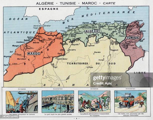 Map of Maghreb with cartoon showing theses countries before colonization and now , 1931.