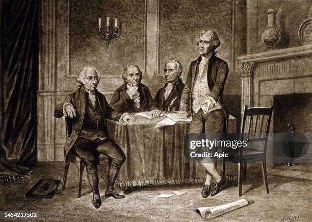 Leaders of the Continental Congress 1775 : John Adams, Robert Morris, Alexander Hamilton, Thomas Jefferson, drawing by Augustus Tholey .