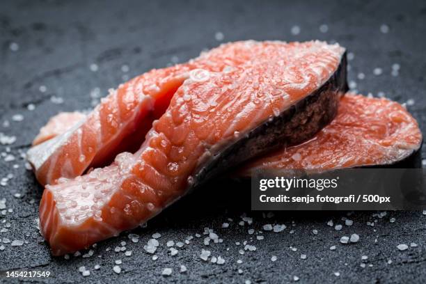 fresh raw salmon on a black rock,indonesia - fotografi ストックフォトと画像