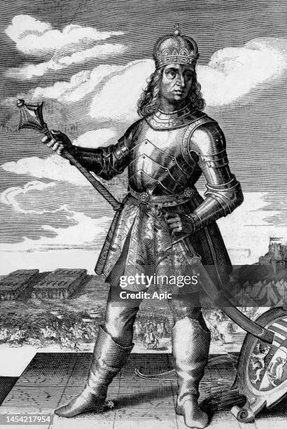 Matthias Corvinus king of Hungary in 1458-1490, Vlad Tepes was his prisoner in 1462-1474, engraving.