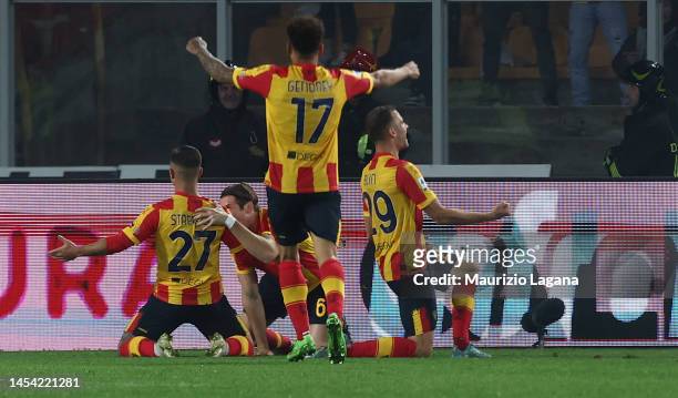 Players of Lecce celebrate after scoring his team's goal during the Serie A match between US Lecce and SS Lazio at Stadio Via del Mare on January 04,...