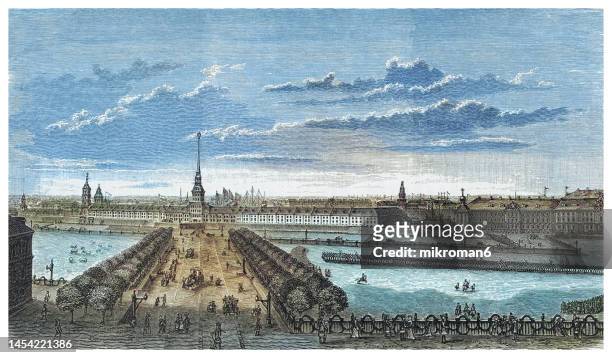 old engraved illustration of admiralty building and shipyard (saint petersburg), founded as the galley yard by peter the great during the great northern war on 5 november 1704 - neva river stock pictures, royalty-free photos & images