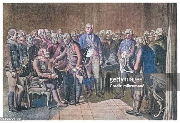 old engraved illustration of hans joachim von zieten (prussian general) sits surrounded by many prussian officers in front of his king frederick the great - hans joachim von zieten stock pictures, royalty-free photos & images