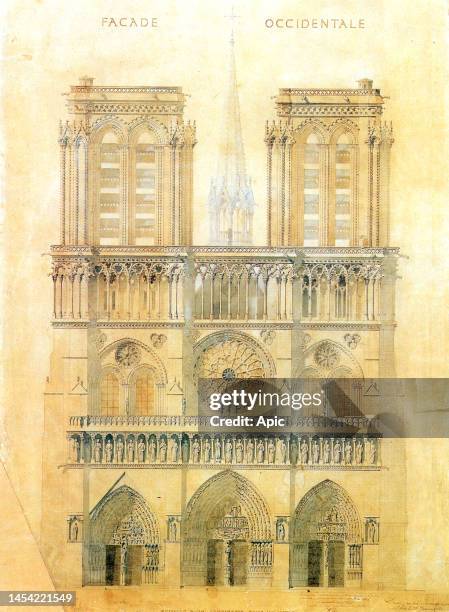 Project of Lassus nad Viollet le Duc for restoration of west facade of Notre Dame cathedral in Paris with reconstruction of the spire at the...