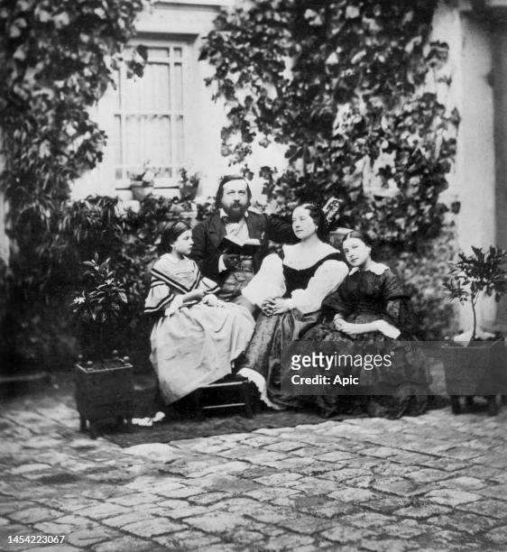 Theophile Gautier french novelist with his family : his wife Ernesta Grisi and their daughters Estelle and Judith circa 1860.