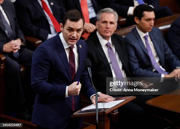 Rep.-elect Mike Gallagher delivers remarks in the House Chamber during the second day of elections for Speaker of the House at the U.S. Capitol...